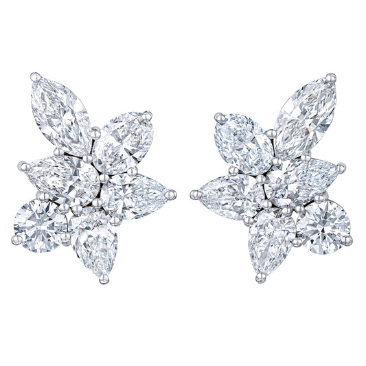 Flower Motif Cluster Earrings with Pear, Marquise, Oval and Round Diamonds