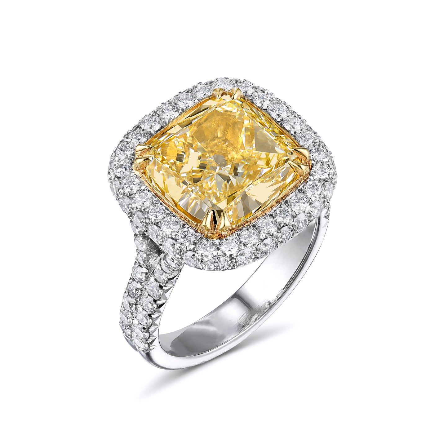 GIA Certified Engagement Ring with 6.11 Carat Yellow Cushion Cut Diamond