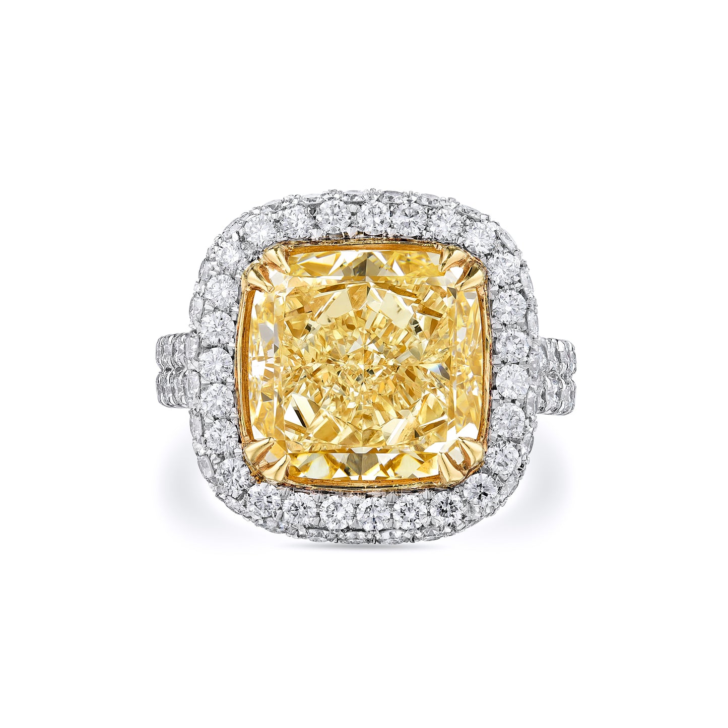 GIA Certified Engagement Ring with 6.11 Carat Yellow Cushion Cut Diamond