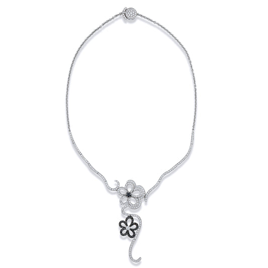 Floral Motif White and Black Diamond Necklace