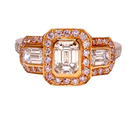 2.2 CT Emerald Cut Diamond 3-Stone Engagement Ring With Natural Pink Diamonds