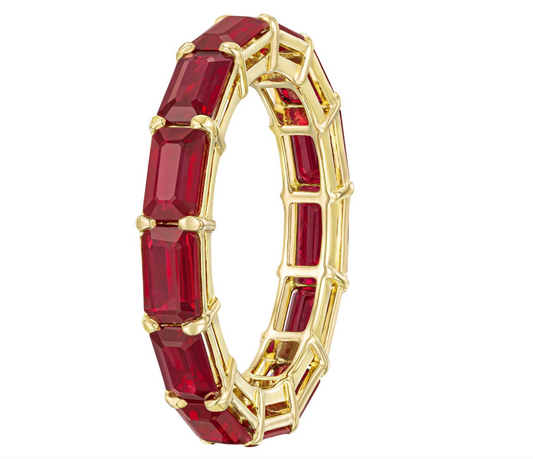 Burmese Emerald Cut Ruby Eternity Band in 18K Yellow Gold