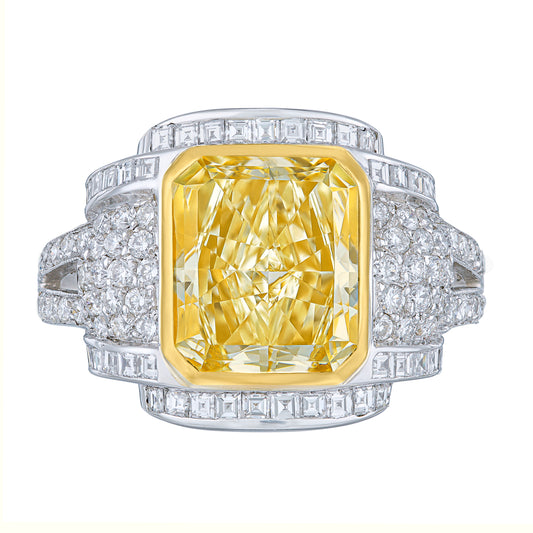 Art Deco Yellow 3.87 Carat Certified Diamond Cocktail Ring in Platinum