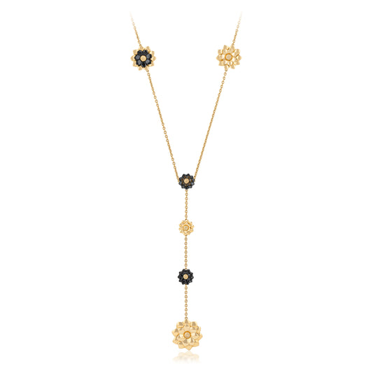 18K Yellow Gold Chain Flower Motif Enamel Necklace